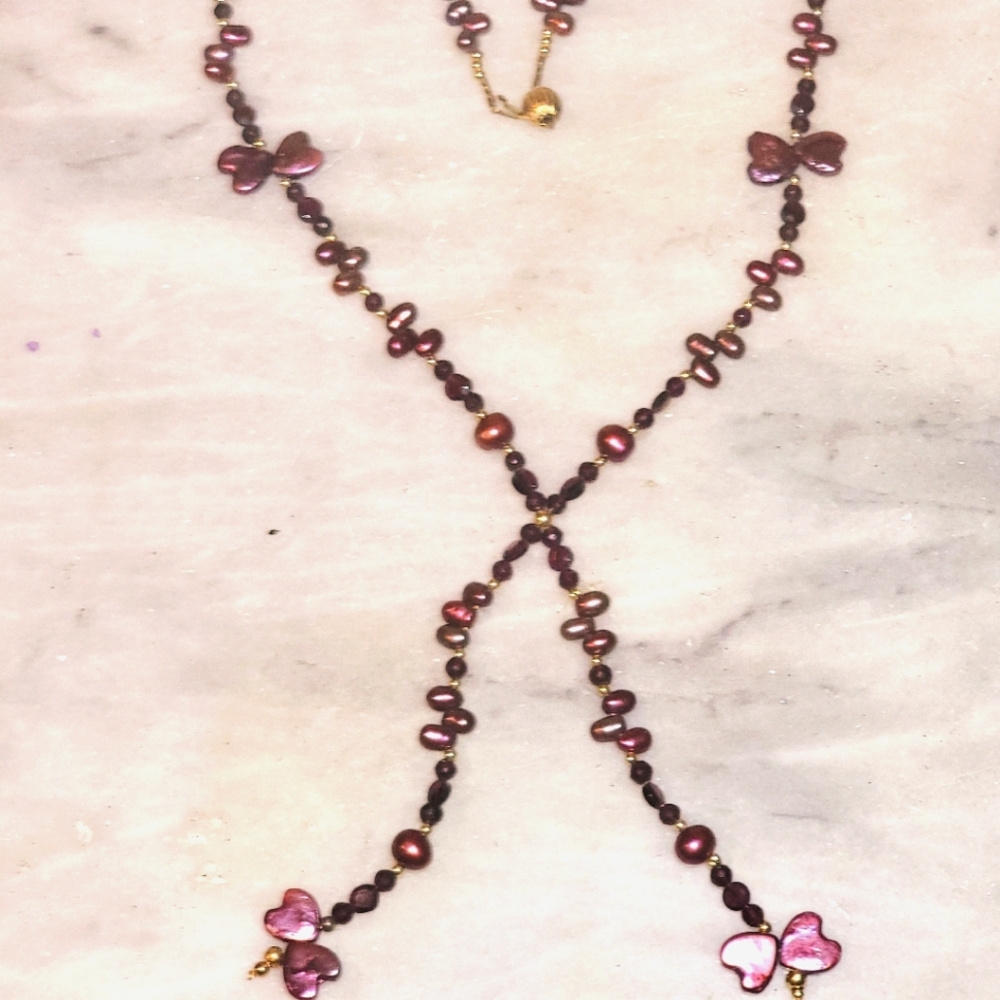Artisan Garnet and Cultured Pearl Heart 14k Necklace 20" - 25" Gift Love